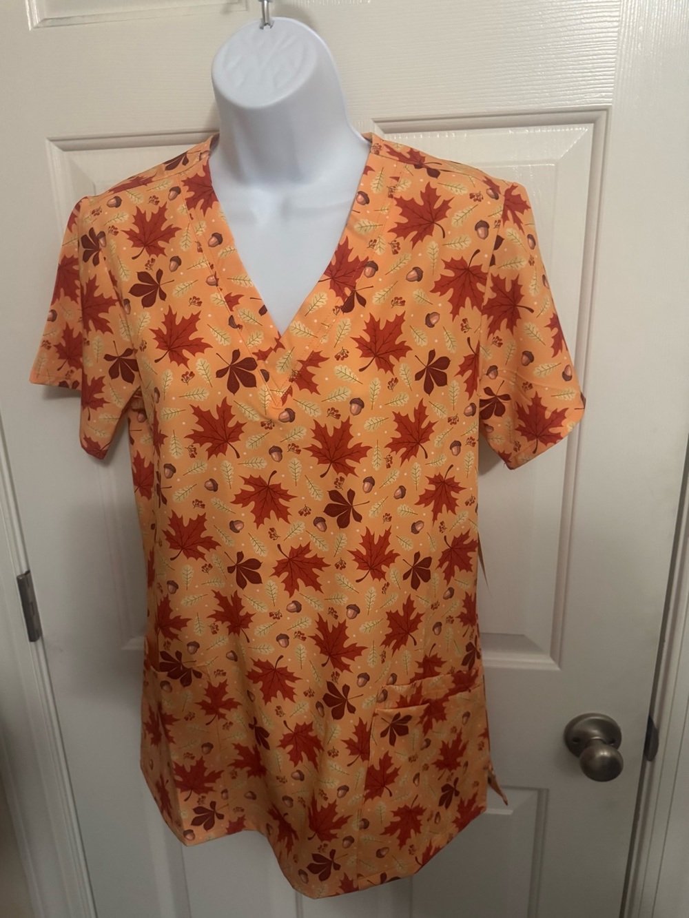 Women's Fall Print V-Neck Scrub Top in Coral